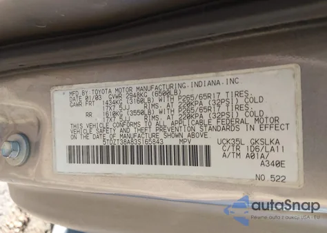 2003 Toyota Sequoia Limited V8 из США, поврежденный, VIN 5TDZT38A83S165843